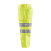 High-visibility safety pants in neon yellow with two reflective silver stripes on the legs, shown against a plain white background.