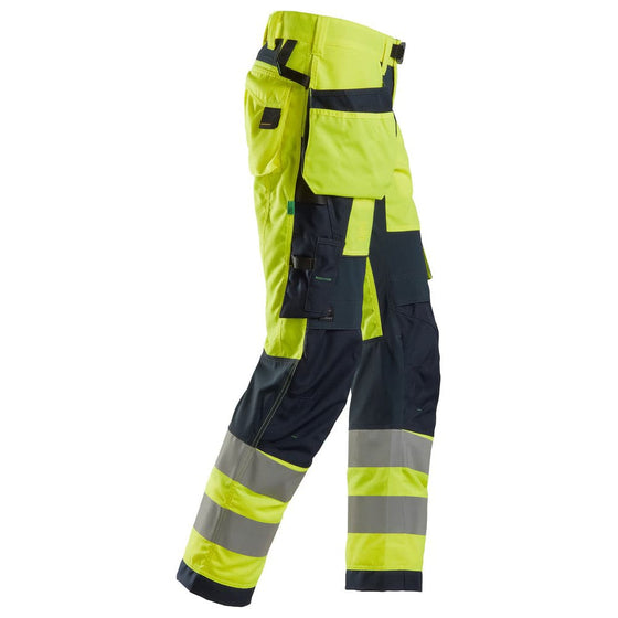Snickers 6932 FlexiWork Hi-Vis Work Trousers Holster Pockets CL2 Yellow 35" Waist / 32" Leg - Snickers Size 50