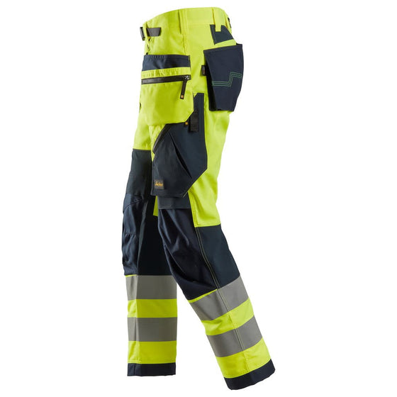 Snickers 6932 FlexiWork Hi-Vis Work Trousers Holster Pockets CL2 Yellow 35" Waist / 32" Leg - Snickers Size 50