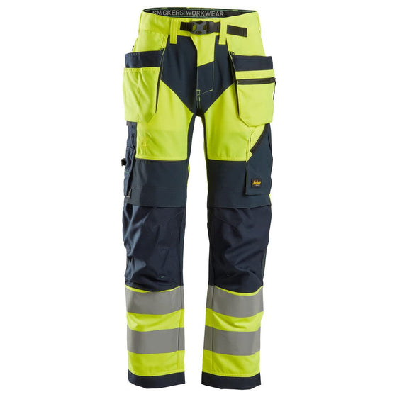 Snickers 6932 FlexiWork Hi-Vis Work Trousers Holster Pockets CL2 Yellow 35" Waist / 32" Leg - Snickers Size 50