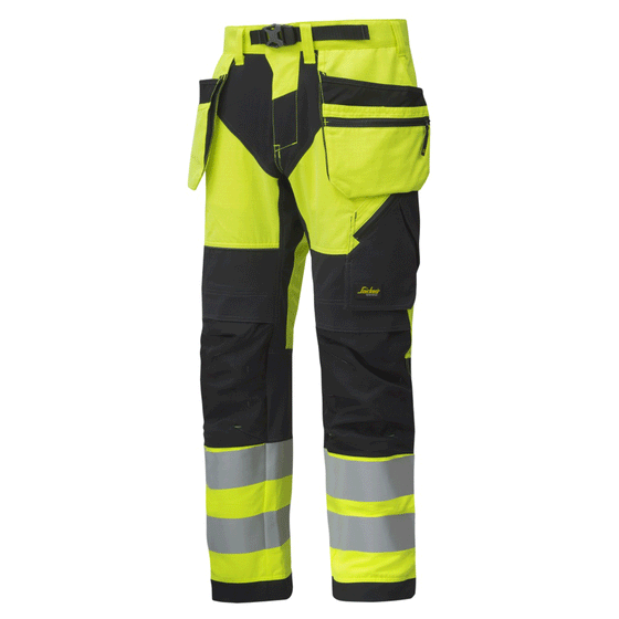 Snickers 6932 FlexiWork Hi-Vis Work Trousers Holster Pockets CL2 Yellow 35" Waist / 32" Leg - Snickers Size 50