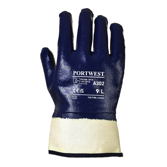 Portwest A302 Fully Dipped Nitrile Safety Cuff Gloves - Premium GLOVES from Portwest - Just £1.84! Shop now at Workwear Nation Ltd